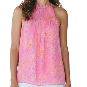 NWT RAMY BROOK Pink Floral Halter Neckline Keyhole Back Blouse Size Medium